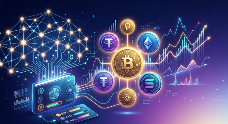 Cryptocurrency and digital assets represented through blockchain technology and digital finance