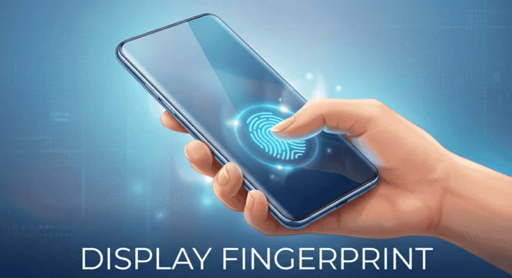 Asian woman unlocking futuristic smartphone using display fingerprint sensor in 2026