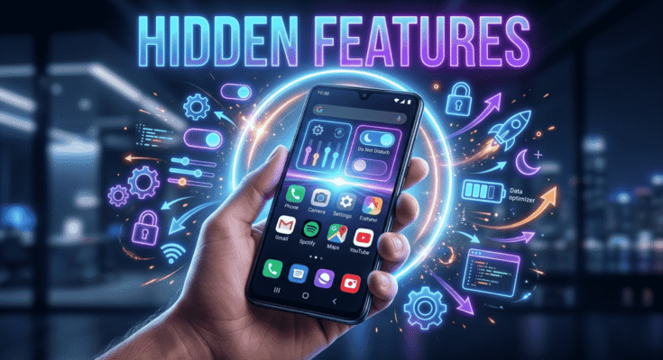 Modern Android smartphone held in hand with glowing app icons and dynamic settings symbols, highlighting hidden features with vibrant neon colors and futuristic tech effects.