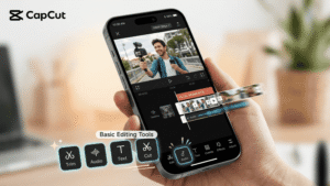 Smartphone showing CapCut app open with basic editing tools like trim, cut, audio, and text