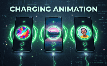 Futuristic smartphone charging animation showing 3 phones with glowing charging circles and different images inside each circle, green neon energy effects and tech-inspired background.