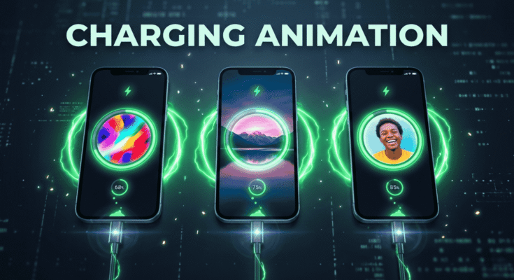 Futuristic smartphone charging animation showing 3 phones with glowing charging circles and different images inside each circle, green neon energy effects and tech-inspired background.