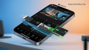 Tablet showing CapCut app open with advanced editing features like keyframes, transitions, and green screen