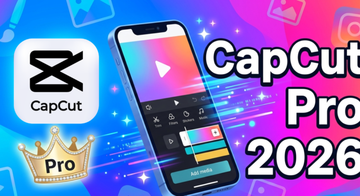 CapCut Pro 2026 featured image showing video editing app interface with crown and colorful background for beginners and content creators