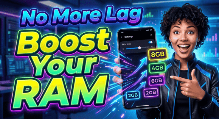 Smartphone RAM boost settings showing multiple RAM options with user pointing at phone screen to improve performance and reduce lag