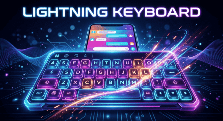 Lightning keyboard with colorful neon lights showing fast typing speed on smartphone