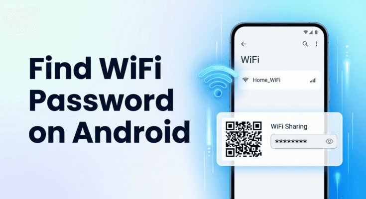 Android phone showing saved WiFi password and QR code