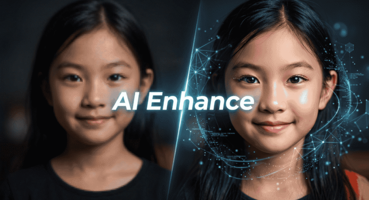Before and after comparison of an Asian girl’s portrait showing AI enhancement from blurry low-quality image to sharp high-resolution image