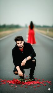 Man kneeling on road with roses, sad heartbreak scene with woman walking away in background