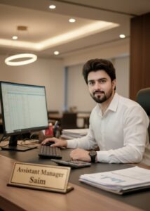 Assistant Manager working on computer in modern office environment with documents and workspace setup