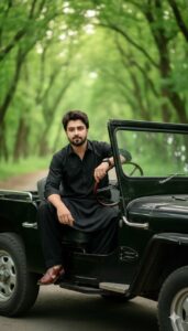 Stylish man sitting in vintage jeep on green tree-lined road with natural outdoor scenery and cinematic background blur