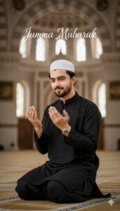 Man sitting in a mosque wearing a black prayer outfit and white cap, raising hands in dua with a calm expression inside a beautiful mosque interior.