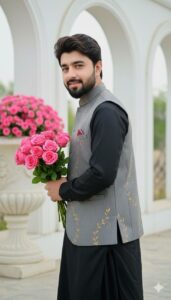 Person wearing a grey embroidered vest and black outfit holding a bouquet of pink roses in a bright garden setting with white arches in the background.