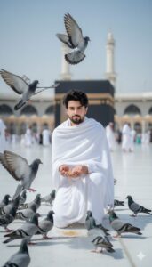 Man in ihram feeding pigeons near Kaaba in Makkah, peaceful spiritual scene with birds flying