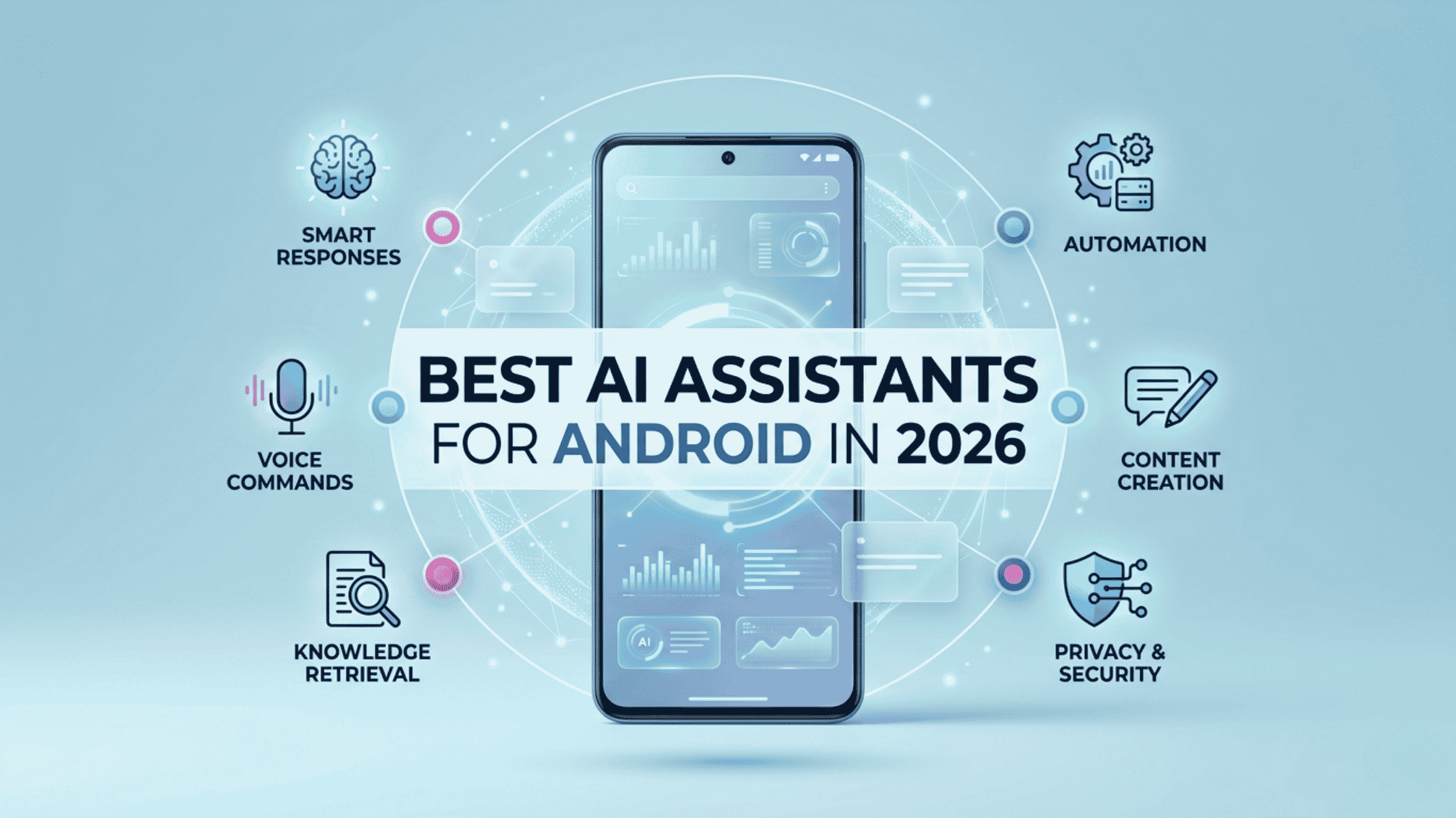 Modern Android smartphone surrounded by AI assistant icons and digital connections representing the best AI assistants for Android in 2026.