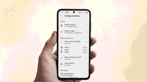 Realistic Android WhatsApp storage settings screen showing manage storage option and auto-download for videos set to never on a Samsung-style phone interface.