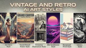 Gallery showcasing vintage and retro AI art styles including Art Deco, Vintage Travel Poster, Victorian Illustration, 80s Synthwave, Risograph Print, and Linocut with labeled examples.