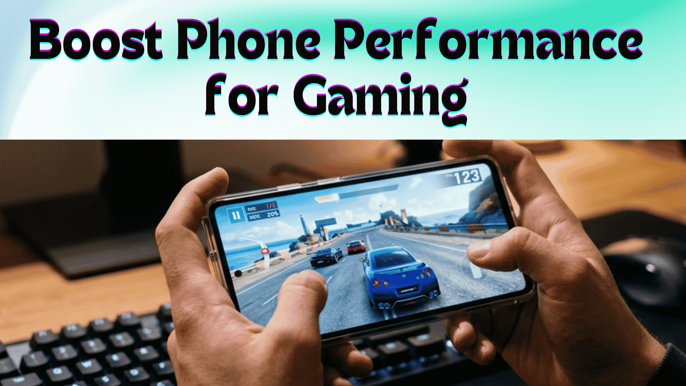 Android smartphone displaying gaming performance optimization settings with FPS, RAM, and CPU monitoring on a gaming desk.