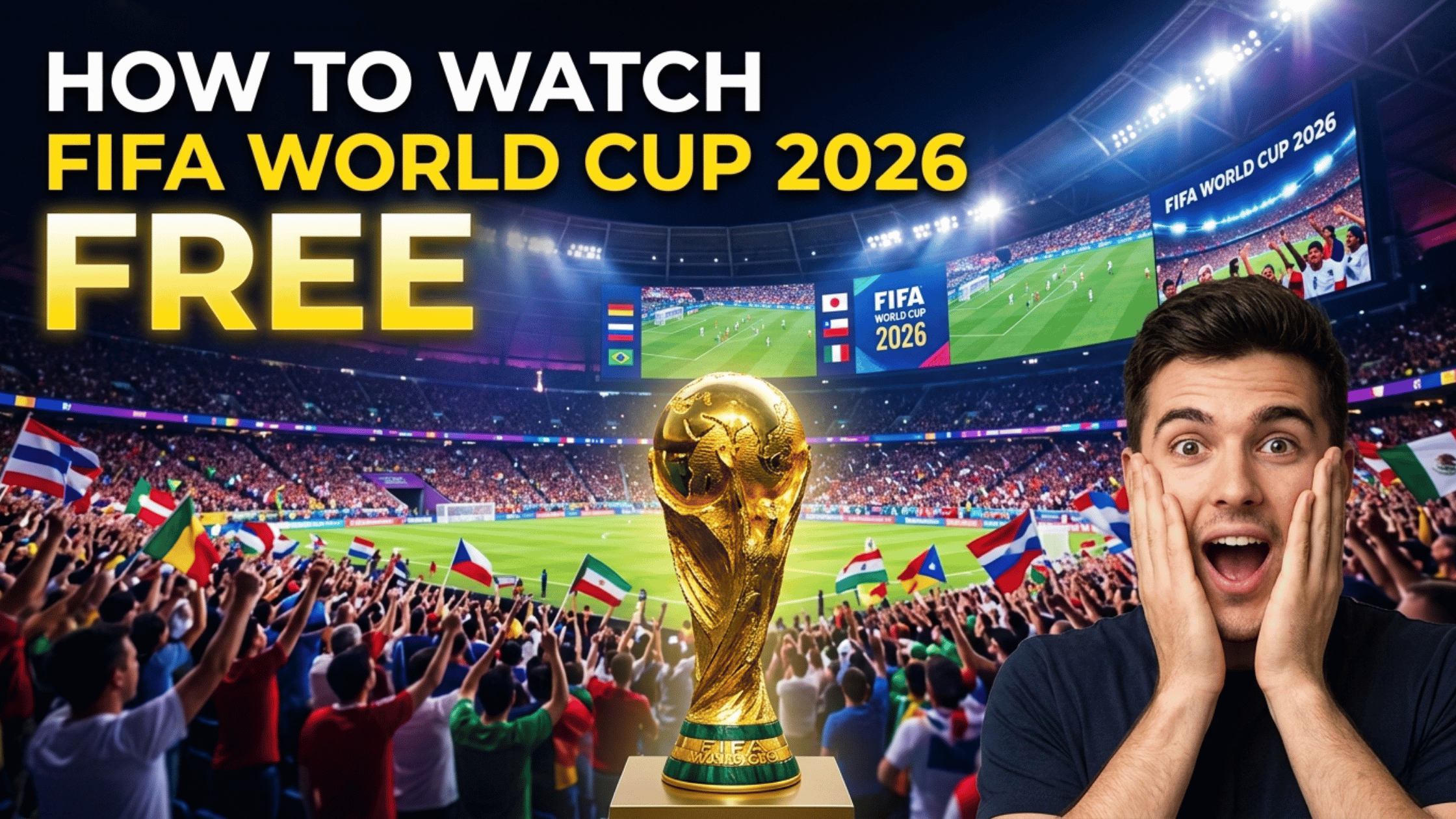 Excited football fan reacting in a packed stadium with a World Cup trophy while learning how to watch FIFA World Cup 2026 for free online.