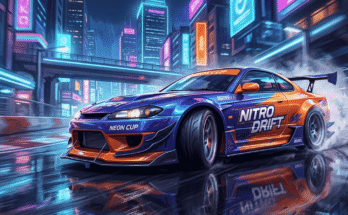 Customized sports car drifting on neon city track in mobile racing game