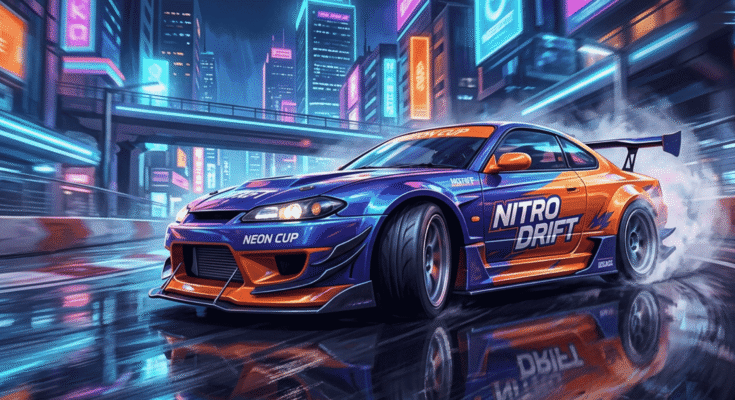 Customized sports car drifting on neon city track in mobile racing game