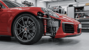 Close up of car suspension and camber alignment for racing game tuning