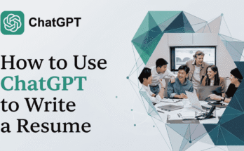 Tech blog banner with the text 'How to Use ChatGPT to Write a Resume' alongside a team collaborating with laptops.
