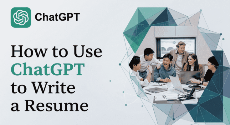 Tech blog banner with the text 'How to Use ChatGPT to Write a Resume' alongside a team collaborating with laptops.