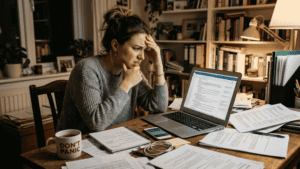 Person frustrated while reviewing poorly formatted resume on laptop