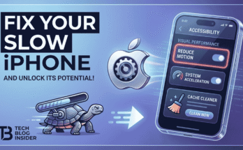 A smartphone with accessibility settings to fix a slow iPhone, next to a tech logo and a slow turtle icon.