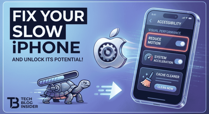 A smartphone with accessibility settings to fix a slow iPhone, next to a tech logo and a slow turtle icon.