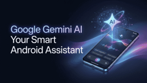 Modern Android smartphone displaying the Google Gemini AI assistant with futuristic blue and purple digital effects.