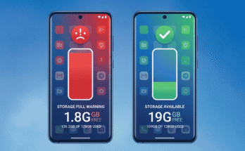 Two smartphones comparing low storage and cleaned storage with battery-style indicators showing 1.8GB free vs 19GB free space.
