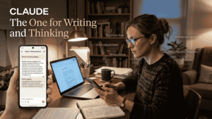 Writer using Claude AI on a smartphone and laptop while editing content in a realistic home office workspace.