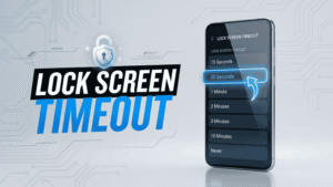 Modern Android smartphone showing auto lock screen timeout settings with highlighted option, security lock icon, and clean tech-style background.
