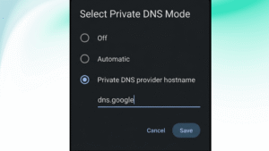 Android Private DNS settings screen in dark mode showing dns.google configured as the private DNS provider hostname.