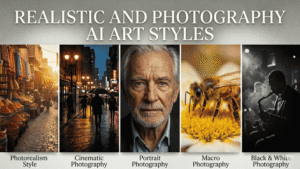 Comparison of five realistic AI photography styles including photorealism, cinematic, portrait, macro, and black-and-white photography with labeled examples.