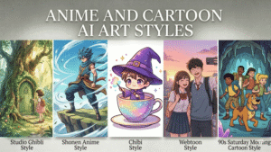 Gallery showcasing anime and cartoon AI art styles including Studio Ghibli, Shonen Anime, Chibi, Webtoon, and 90s cartoon examples with labels.