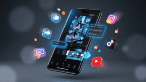 Smartphone displaying CapCut video editing app with a viral short video, AI editing tools, auto captions, and trending social media content elements surrounding the screen.
