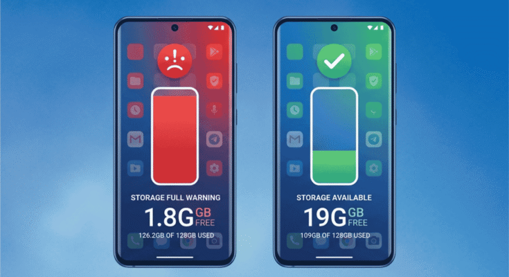Two smartphones comparing low storage and cleaned storage with battery-style indicators showing 1.8GB free vs 19GB free space.