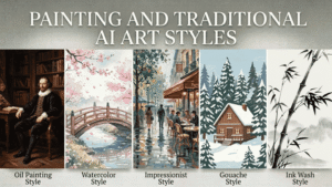 Gallery showcasing painting and traditional AI art styles including oil painting, watercolor, impressionist, gouache, and ink wash artwork with labels.