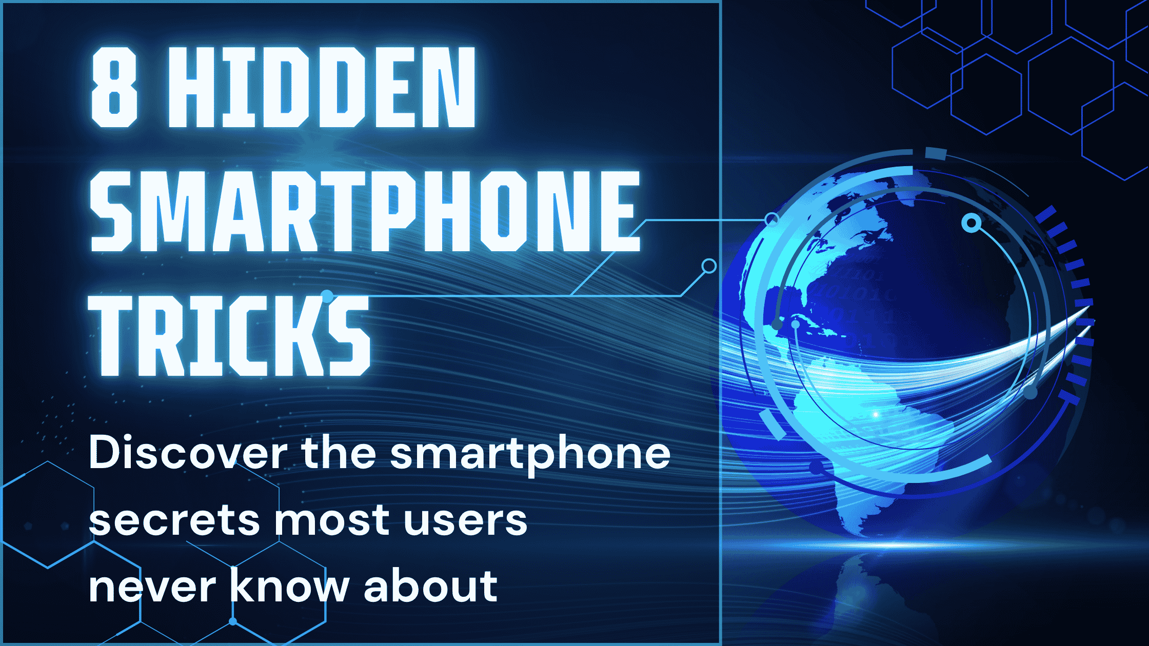 Samsung smartphone displaying hidden settings and advanced Android features with floating technology icons on a blue background.
