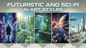 Gallery showcasing futuristic AI art styles including Cyberpunk, Solarpunk, Biopunk, Space Opera, and Retrofuturism with labeled examples.