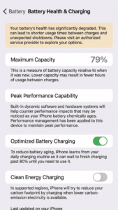 iPhone Battery Health & Charging settings screen showing 79% maximum battery capacity with performance management enabled to maintain device stability.