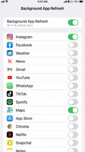 iPhone Background App Refresh settings screen showing multiple apps with most background refresh toggles turned off to improve performance and speed.