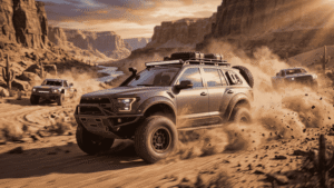 Customized off-road SUV driving through a muddy trail in a realistic racing game.