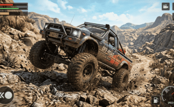 Off-road truck tipping on rocky terrain showing suspension upgrade importance in Offroad League Online