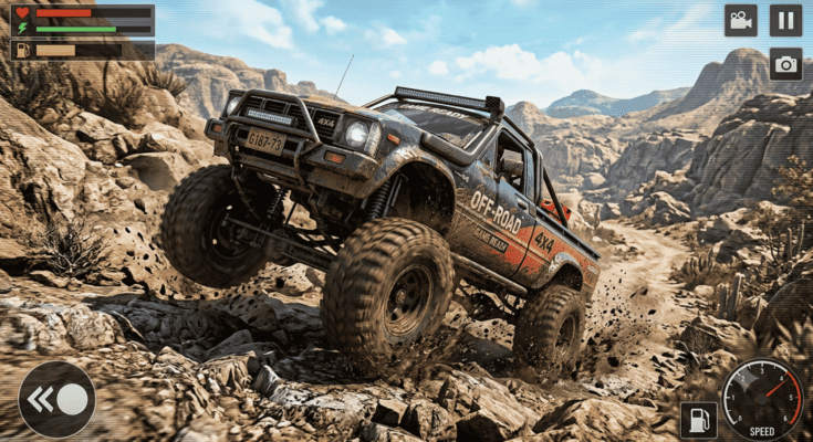 Off-road truck tipping on rocky terrain showing suspension upgrade importance in Offroad League Online