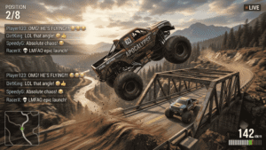 Off-road truck launching sideways in mid air during online multiplayer session in Offroad League Online