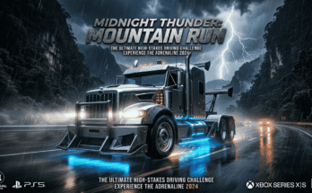 Hyper realistic gaming style heavy truck with neon underglow driving through rainy mountain highway at night in Global Truck Online
